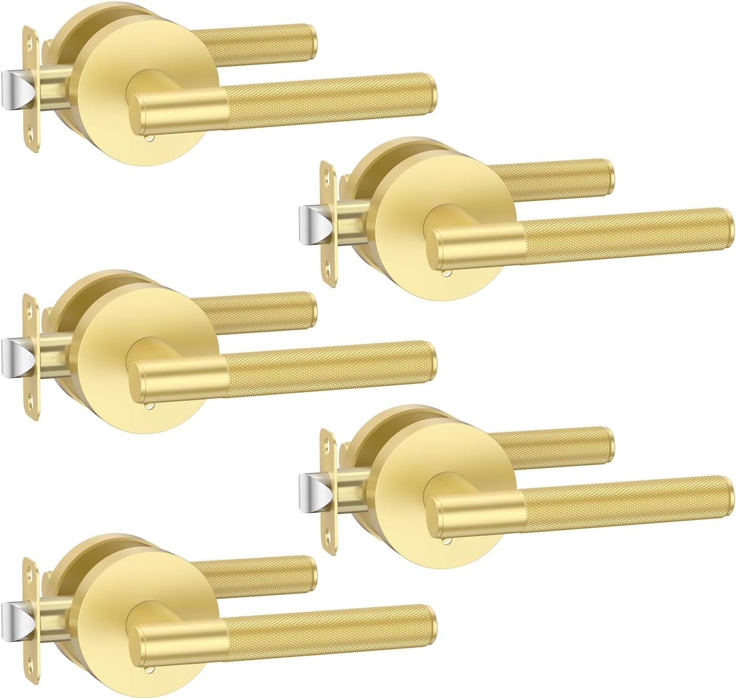 Brushed Gold Door Handles Interior - Knurled Privacy Set of 5