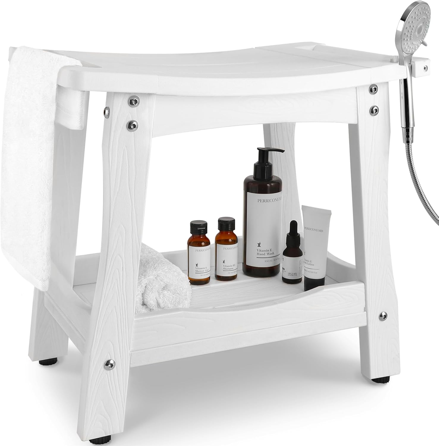 White 2-Tier Bathroom Shower Bench w/ Waterproof Storage