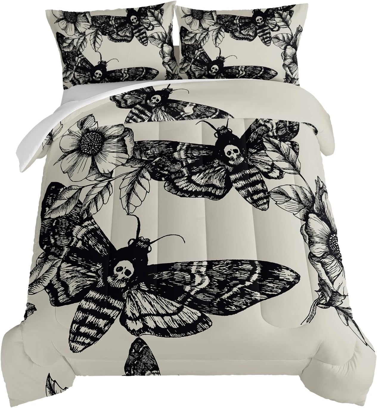 Gothic Decor Comforter Set with Death Moth Skull Heads Design