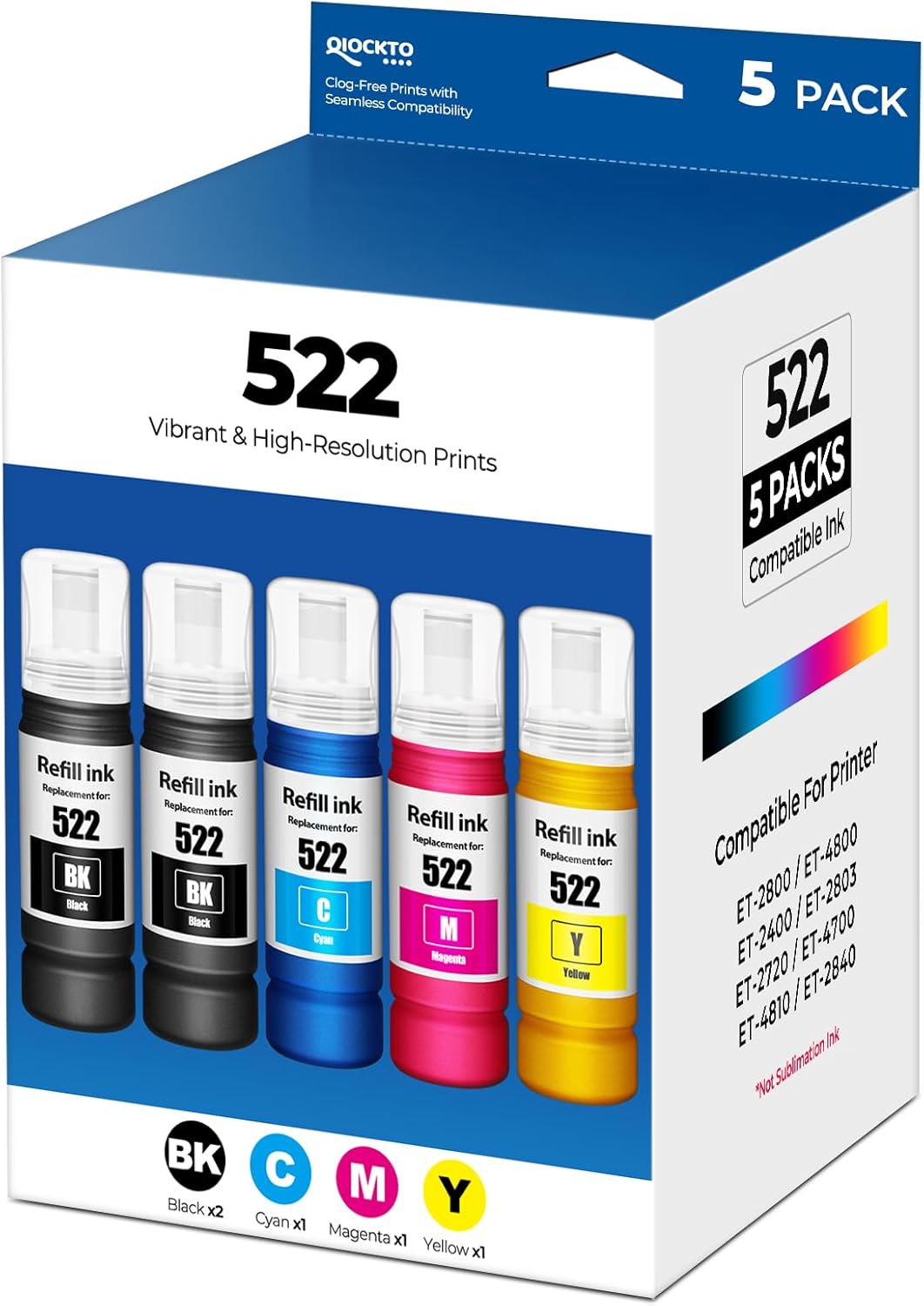 522 Ink Refill Bottles for Eco Tank Printers, 5 Pack
