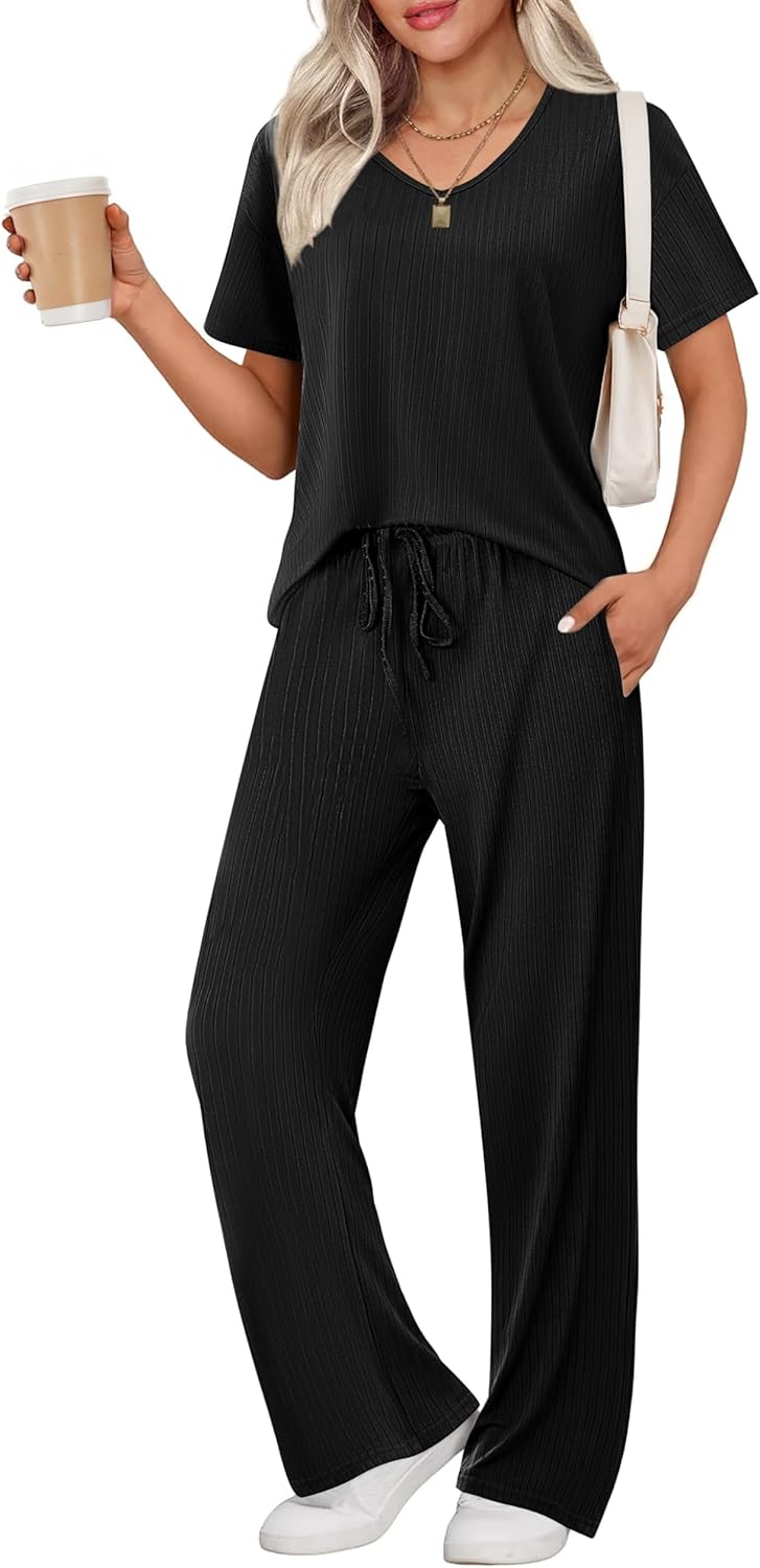 Ekouaer Womens Ribbed Knit Lounge Set for Cozy Sleepwear