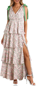 Womens Summer Floral Maxi Dress with Tie Straps and High Slit