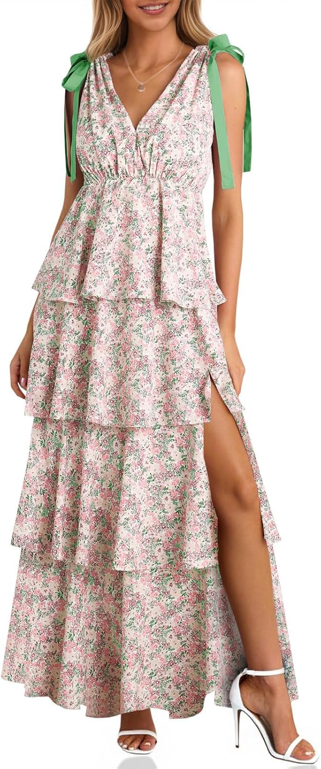 Womens Summer Floral Maxi Dress with Tie Straps and High Slit
