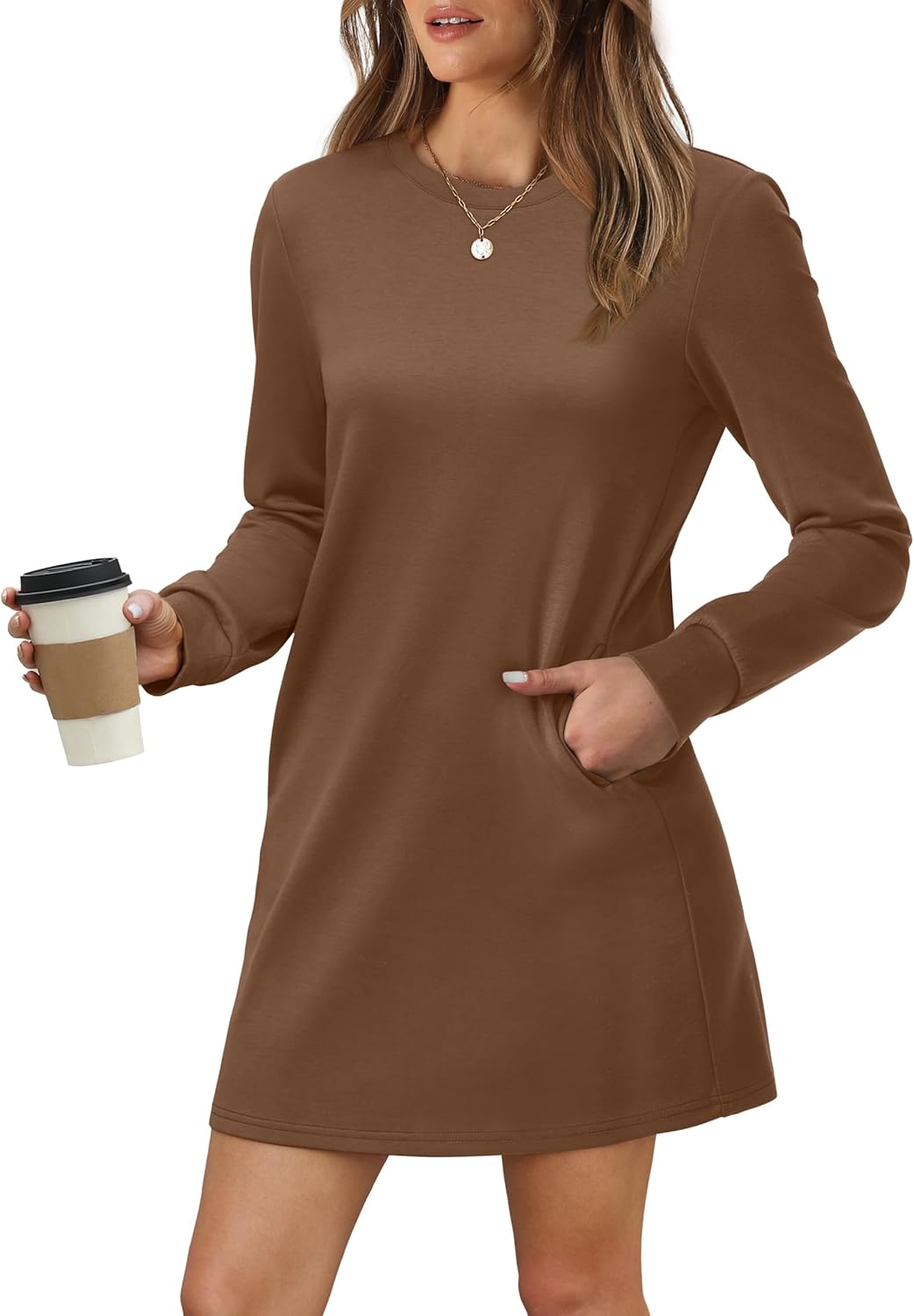 WIHOLL Long Sleeve Casual Mini Dress with Pockets for Women