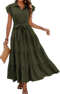 dowerme Women's Cap Ruffle Sleeve V Neck Tiered Maxi Dress