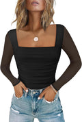 Mesh Square Neck Bodysuit for Women - Flattering, Sheer Sleeve Style