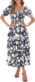 Womens Square Neck Smocked Maxi Dress - Flowy Boho Floral Fit