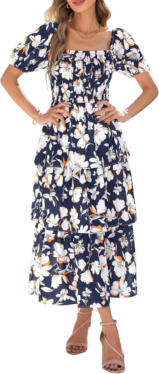 BTFBM Womens Square Neck Smocked Dress for Summer Events