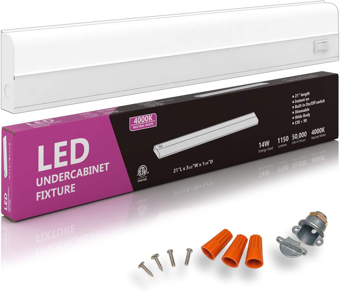 Hardwired LED Under Cabinet Task Lighting - 21in Dimmable 4000K