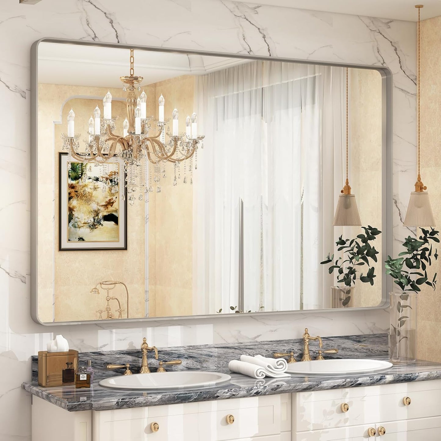 60x40 Inch Brushed Nickel Bathroom Mirror for Elegant Spaces