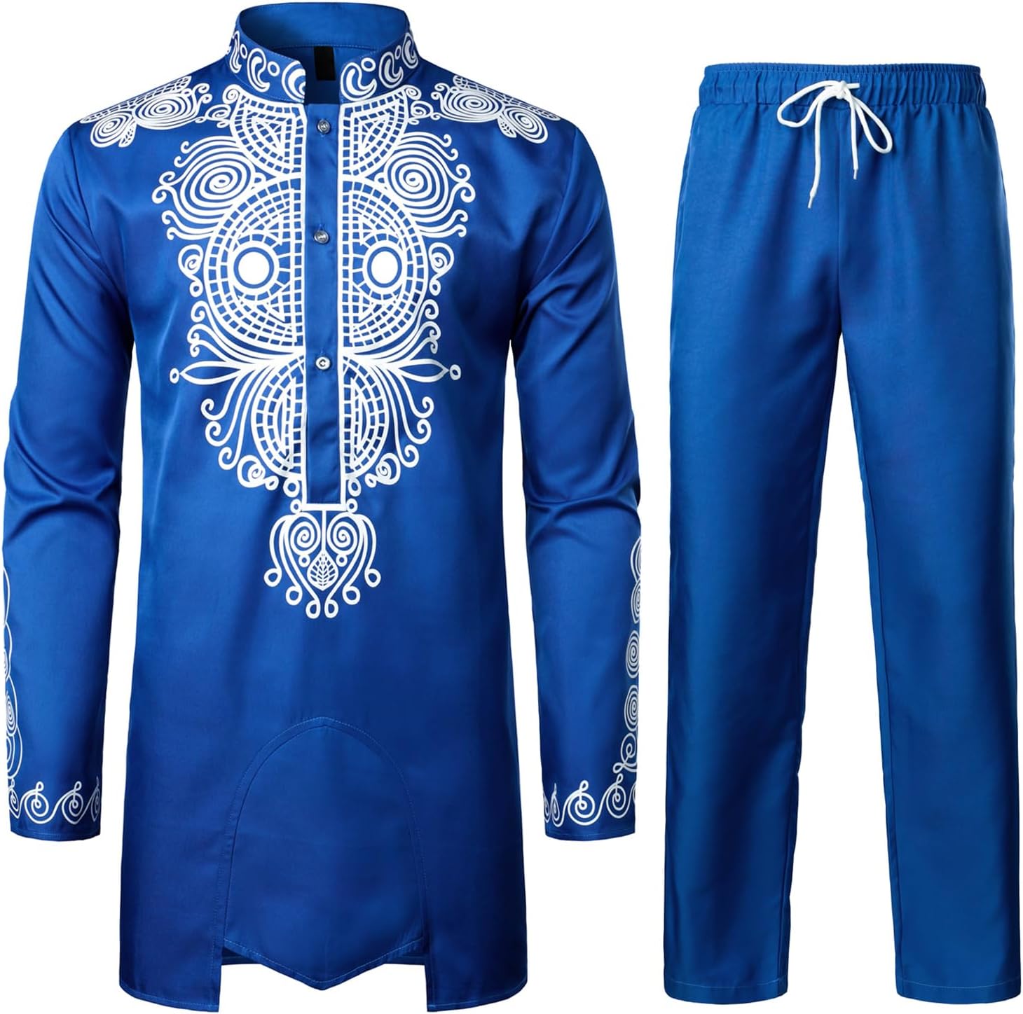 ZEROYAA Men's Africa Suit Long Sleeve Print Dashiki Outfit Set