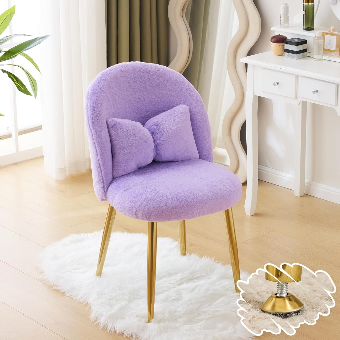 Fluffy Girls Vanity Chair with Adjustable Gold Legs for Comfort