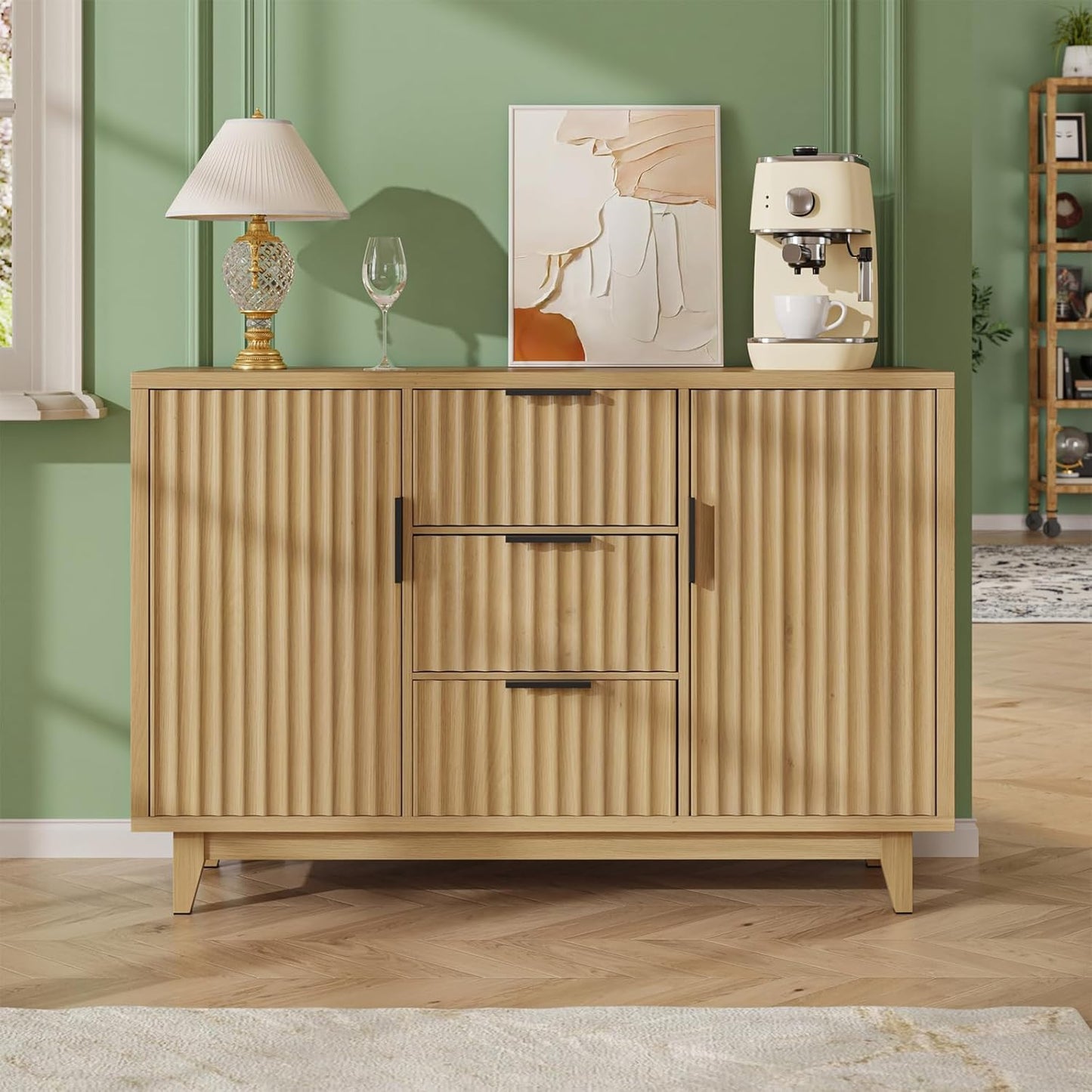 47.2in W Storage Cabinet with 3 Drawers and Fluted Design
