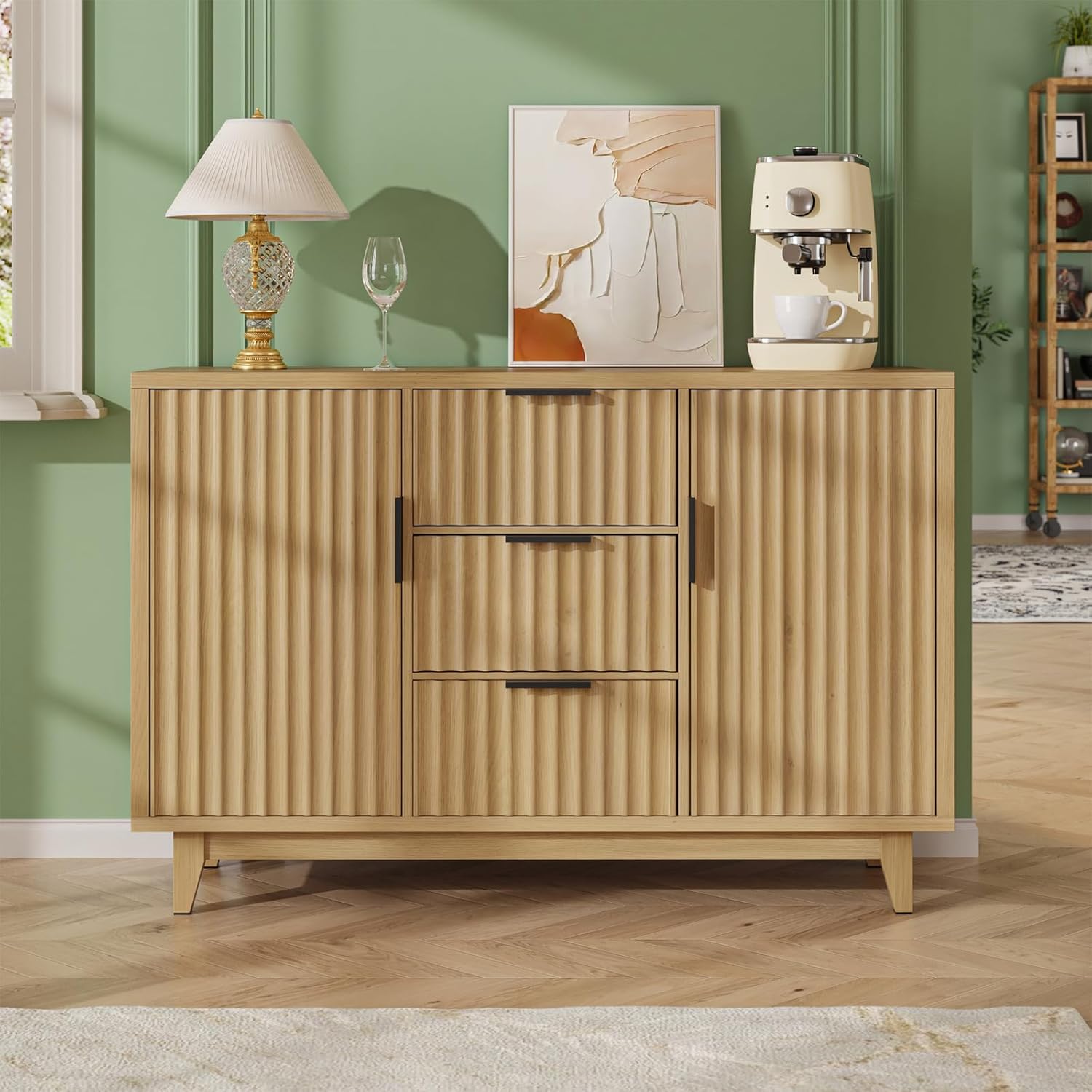 47.2in W Storage Cabinet with 3 Drawers and Fluted Design