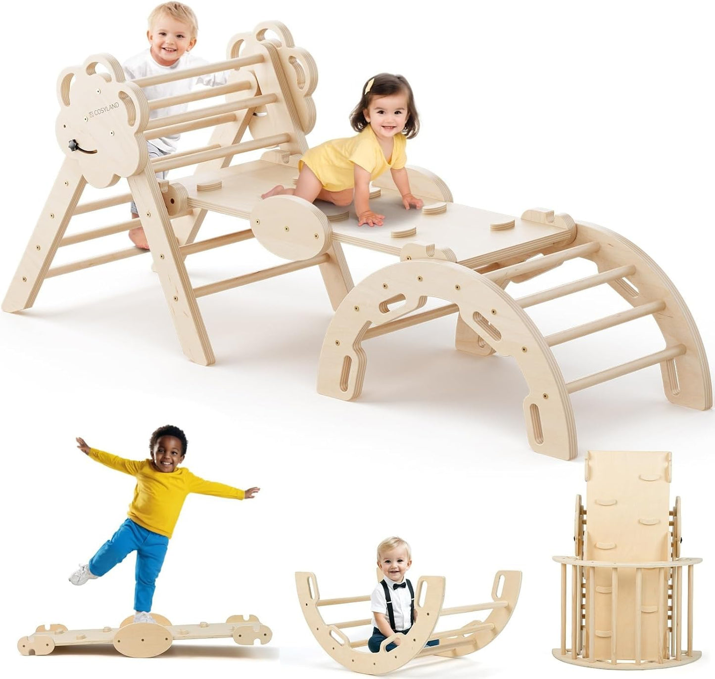 COSYLAND 8-in-1 Montessori Climbing Set - Natural Wood