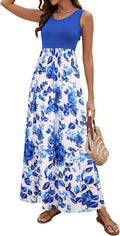 Women Boho Chevron Striped Floral Maxi Dress - Sleeveless Summer Fit
