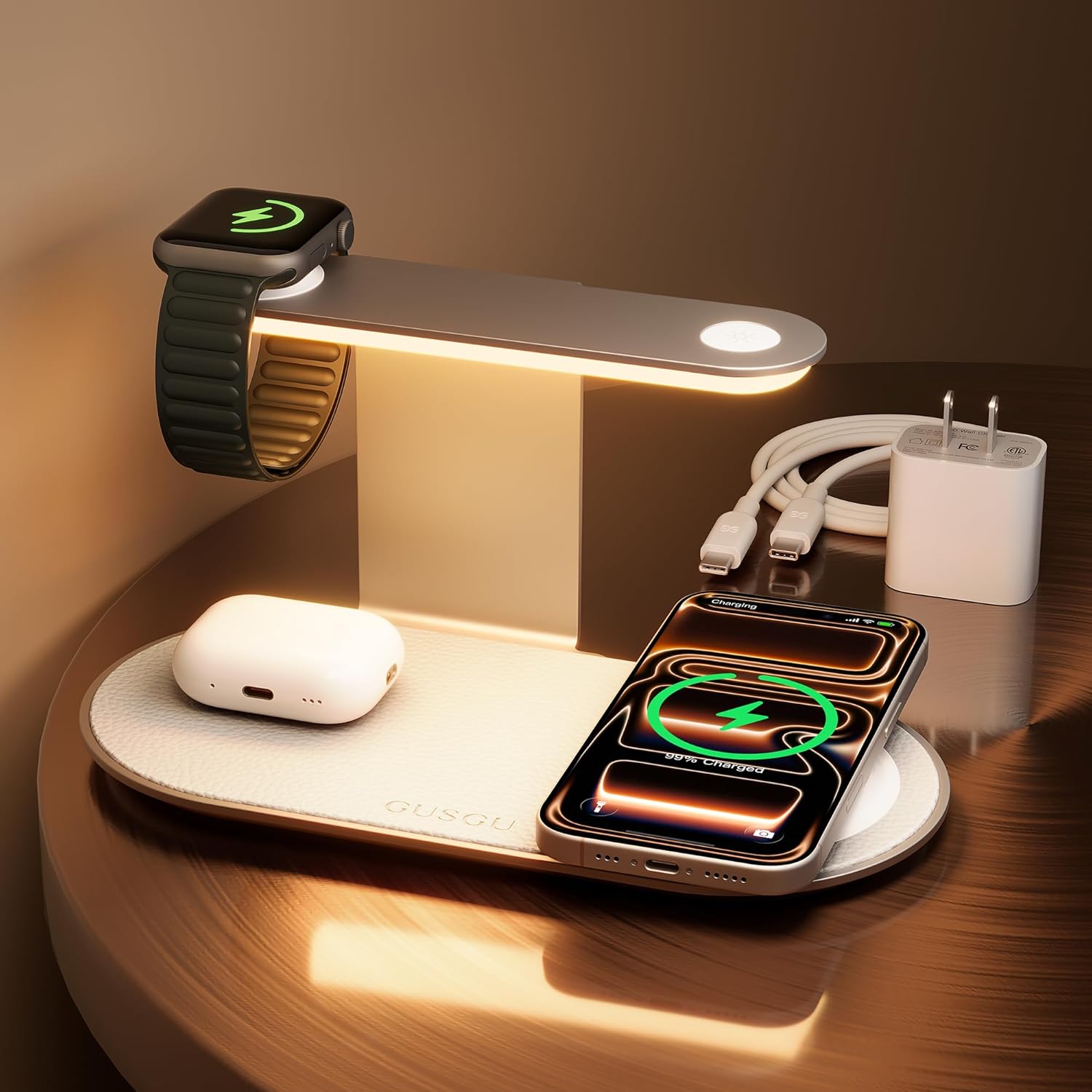 GUSGU 3 in 1 Charging Station with Night Light and Fast Charging