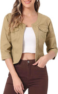 Allegra K Denim Jacket for Women Collarless 3/4 Sleeve Crop Jacket