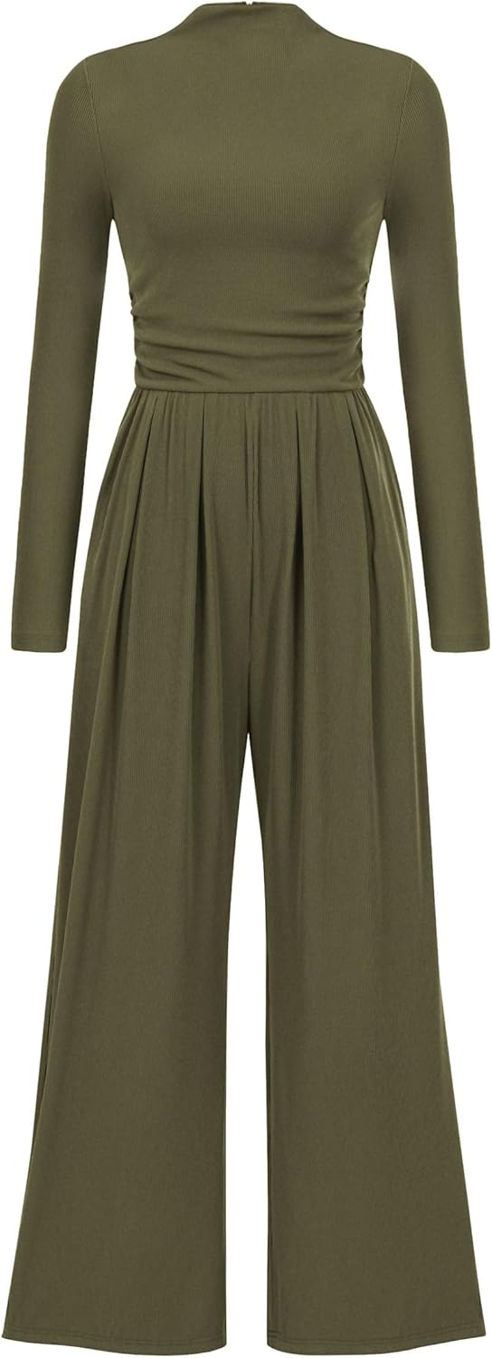 PRETTYGARDEN Long Sleeve Mock Neck Jumpsuit for Women Fashion