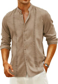 Men's Cuban Guayabera Linen Shirt Long Sleeve Band Collar - Summer
