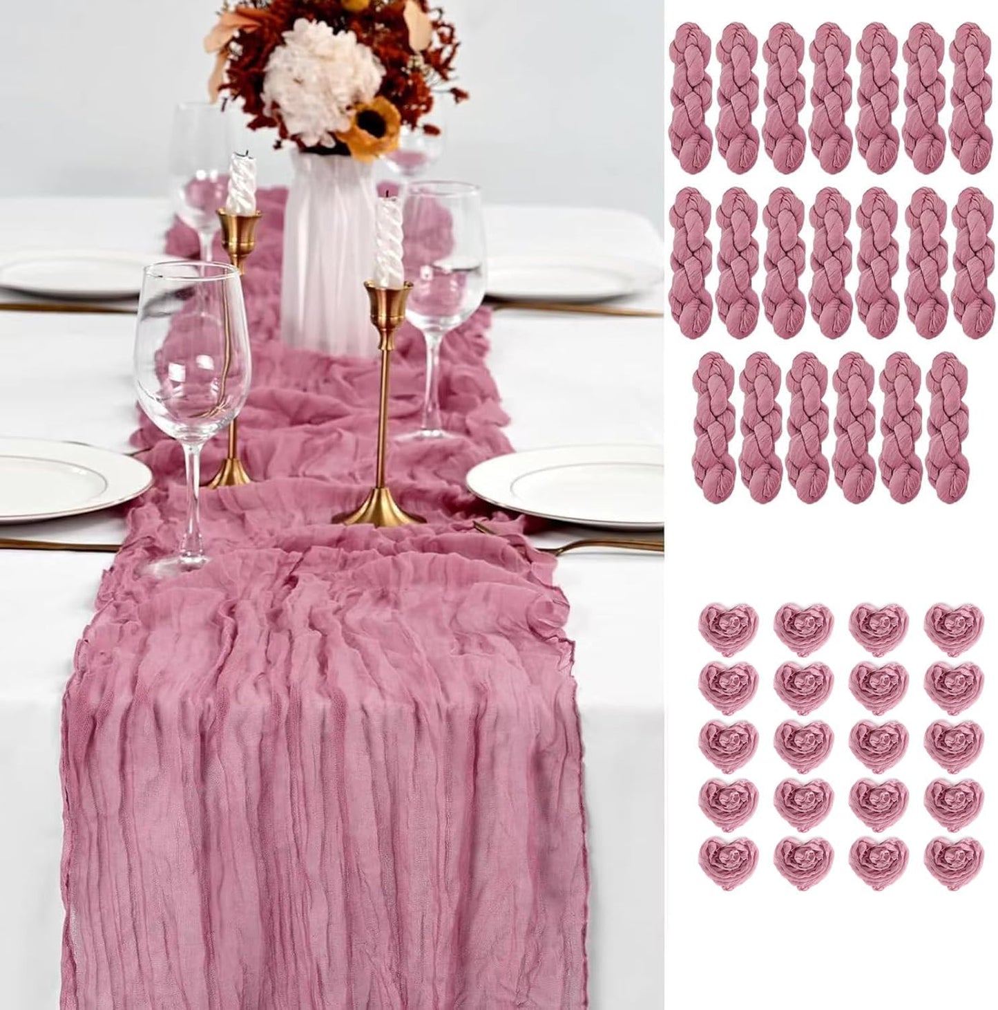 20PCS Dusty Rose Cheesecloth Table Runner for Elegant Events