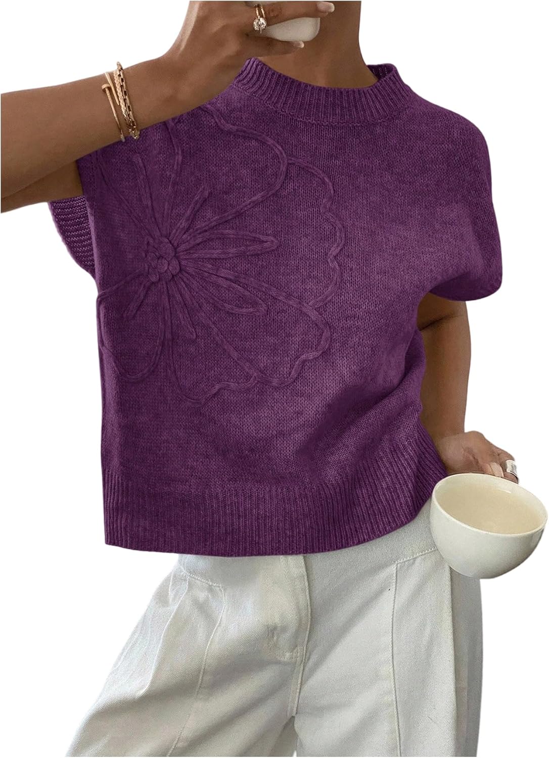 SOLY HUX Women's Ribbed Sweater Crew Neck Short Sleeve Top