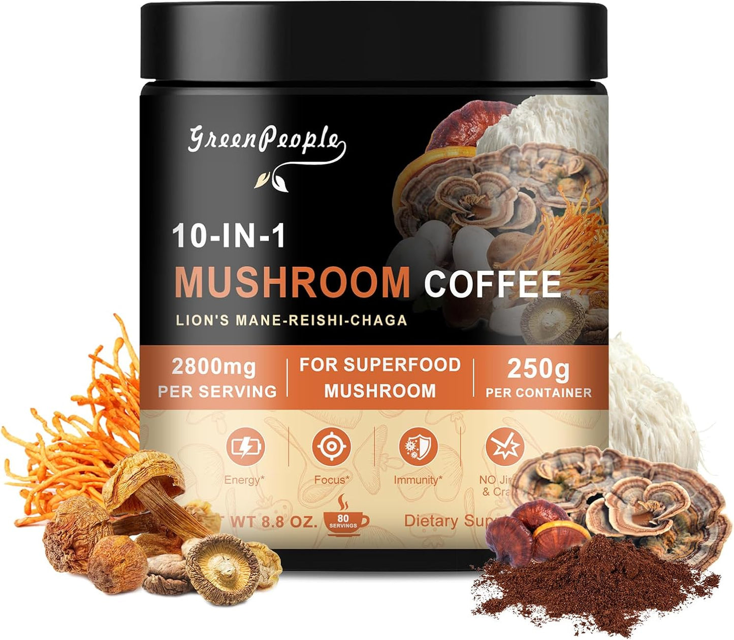 Premium 10-in-1 Mushroom Coffee Boost | Focus & Energy | 8.8 Oz