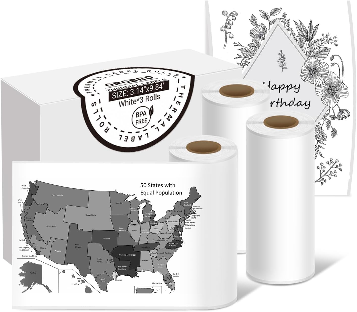 ORGBRO White Self-Adhesive Mini Printer Paper - Study Notes & Journal - 3 Rolls