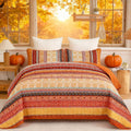 Boho Stripe Quilt Set Queen Size - Lightweight Orange Bedspread