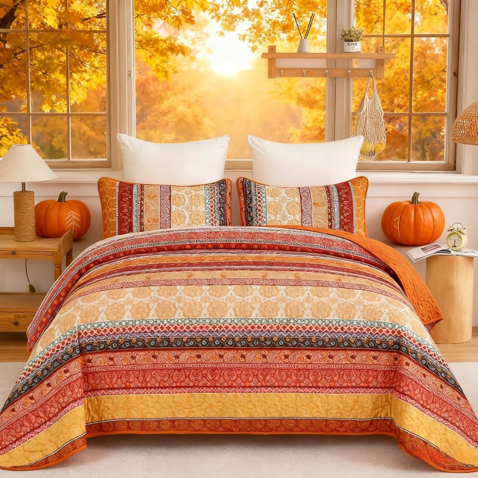 Boho Stripe Quilt Set Queen Size for All Season Comfort