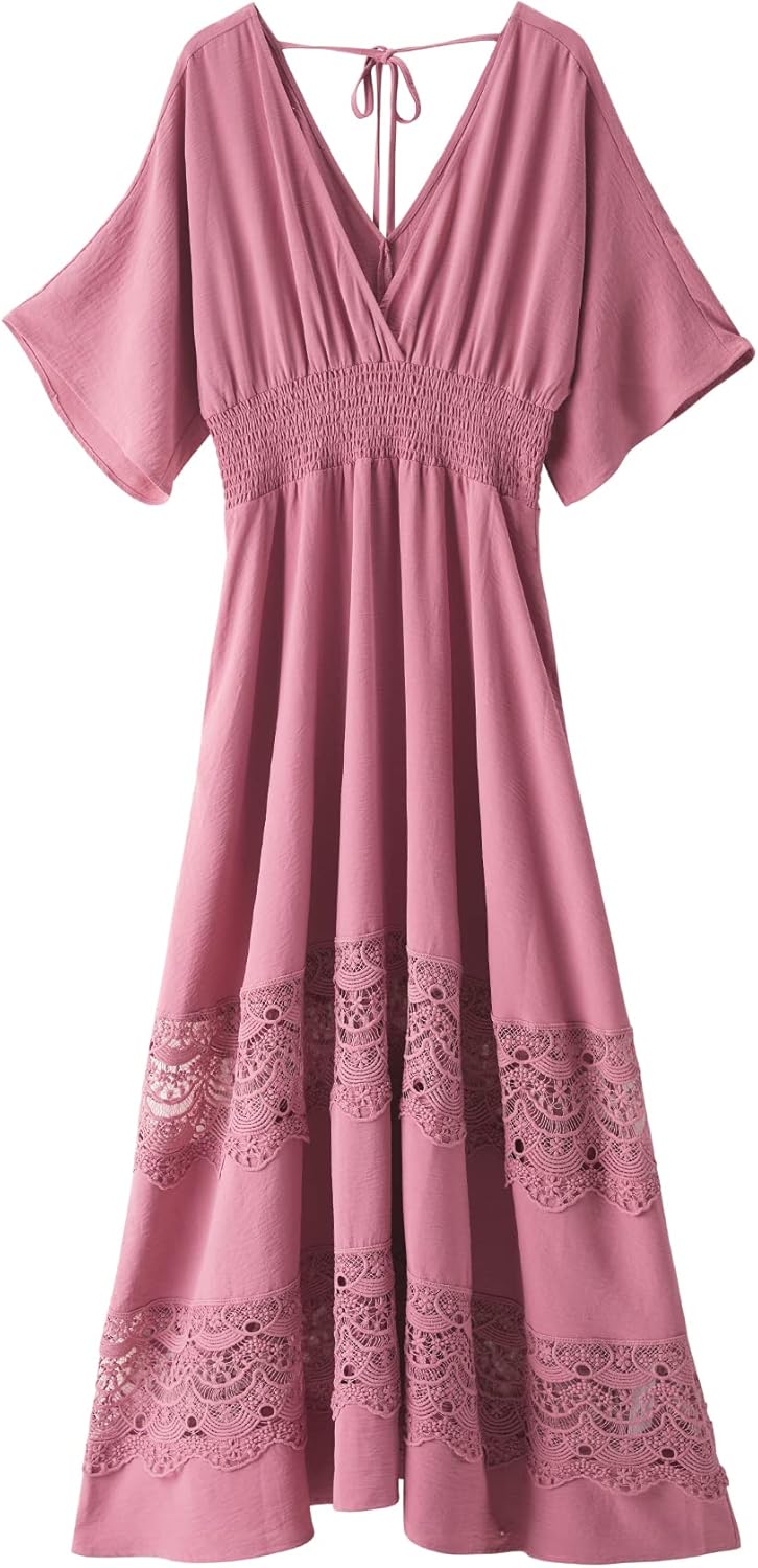 Women's Lace Maxi Dress Short Sleeve V Neck Bohemian Style
