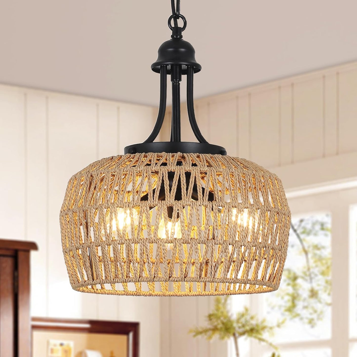 Boho Rattan Chandelier for Dining Room - 3-Light Fixture