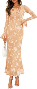 Women's Bell Sleeve Floral Maxi Dress - Fall Bodycon