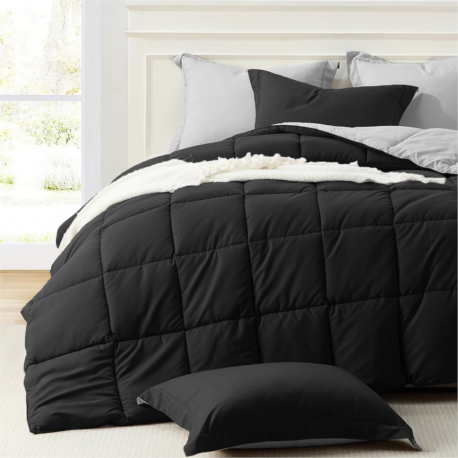 Oversized Queen Comforter Set Black Lightweight Reversible Design