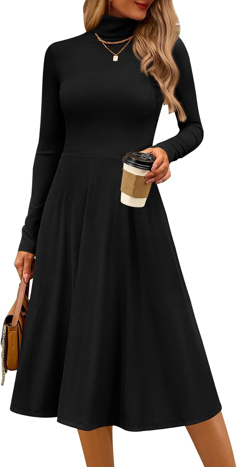 CFLONGE Women's Casual Ribbed Knit High Neck Dress for Fall