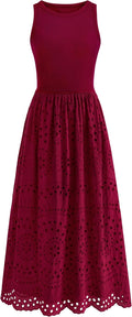 Women Summer Sleeveless Cotton Lace Eyelet Maxi Dress - With Pockets