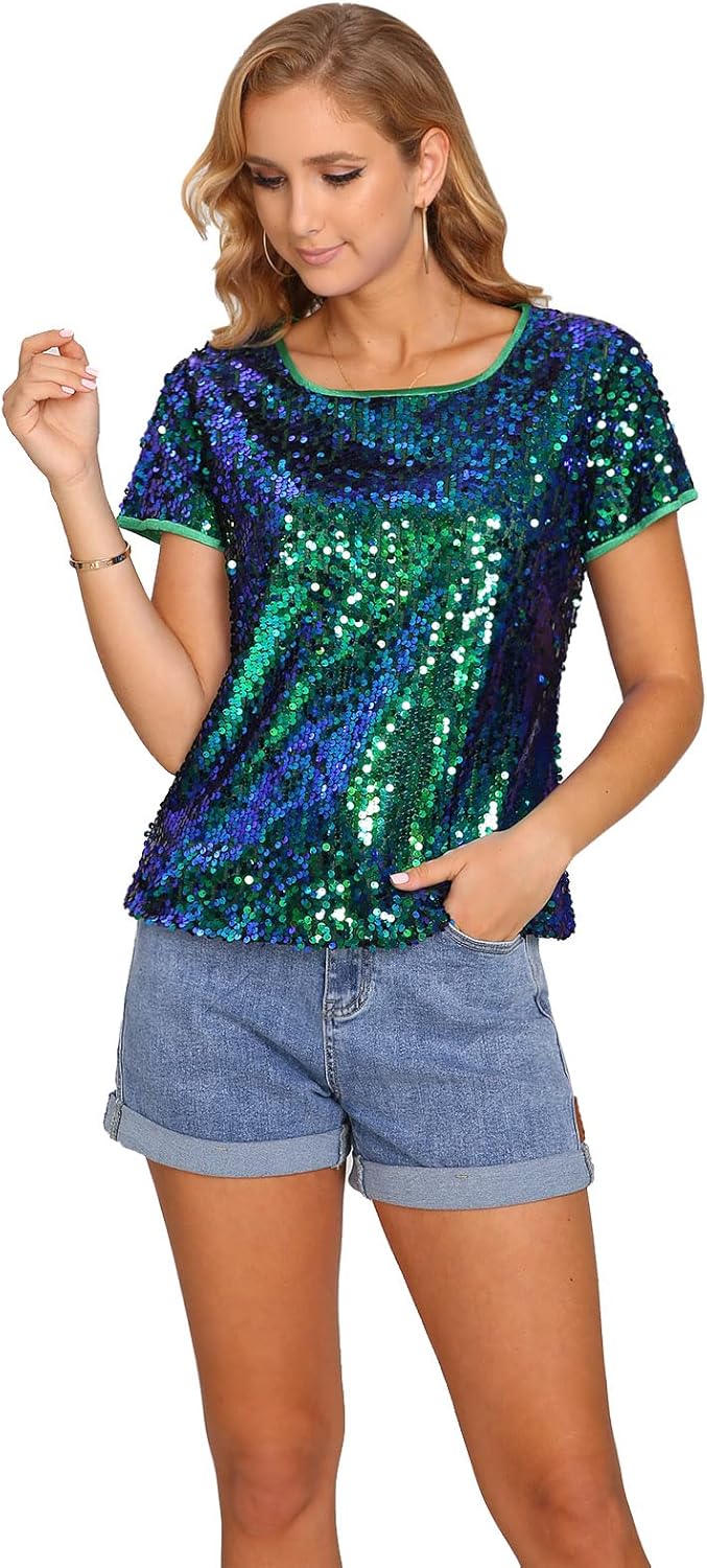Womens Full Sequin Sparkle Tops for Disco Party and Nights Out