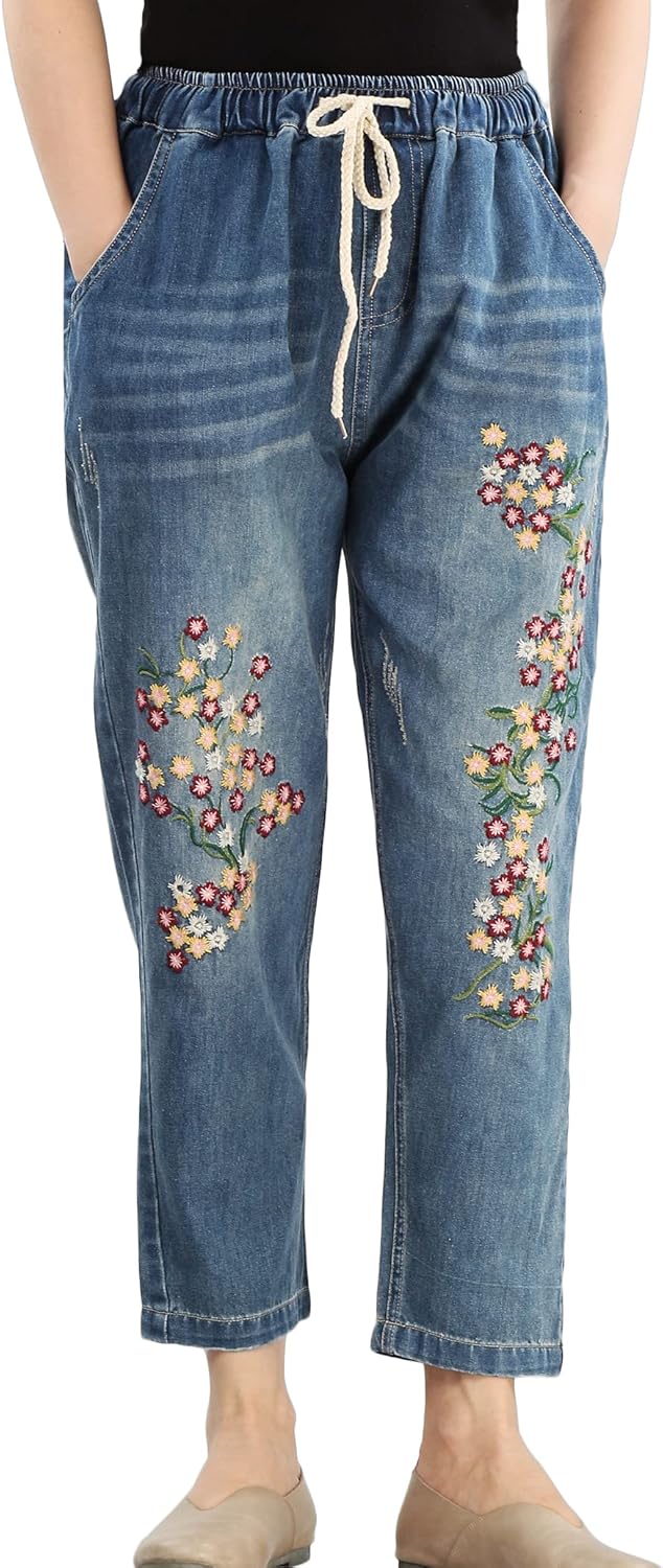 FTCayanz Women's Elastic Waist Cropped Jeans for Comfort