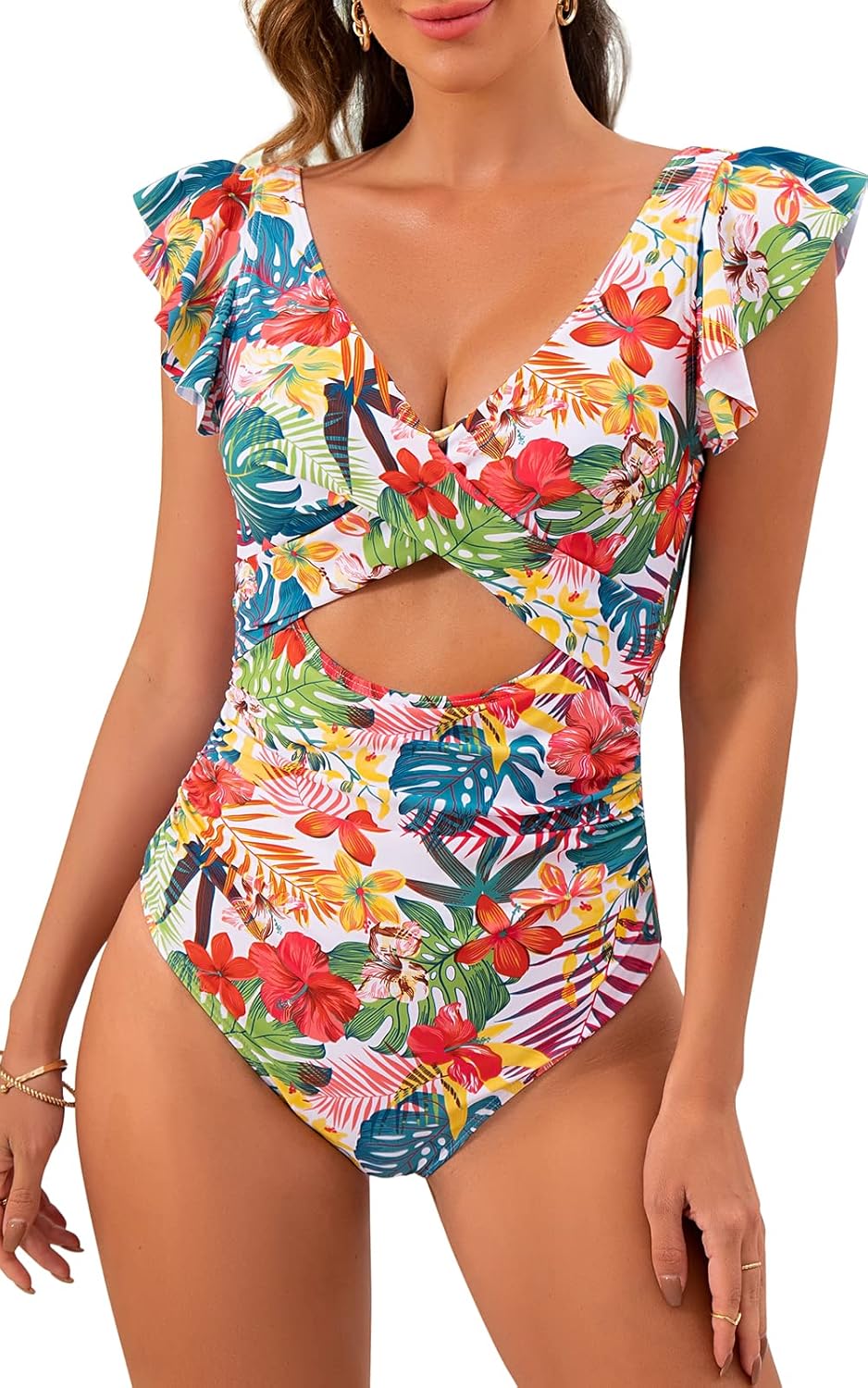 B2prity Women's One Piece Swimsuit with Ruffle Cutout Design
