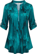 Ninedaily Women's 3/4 Sleeve Plaid Zip Floral Tunic Blouse - Versatile