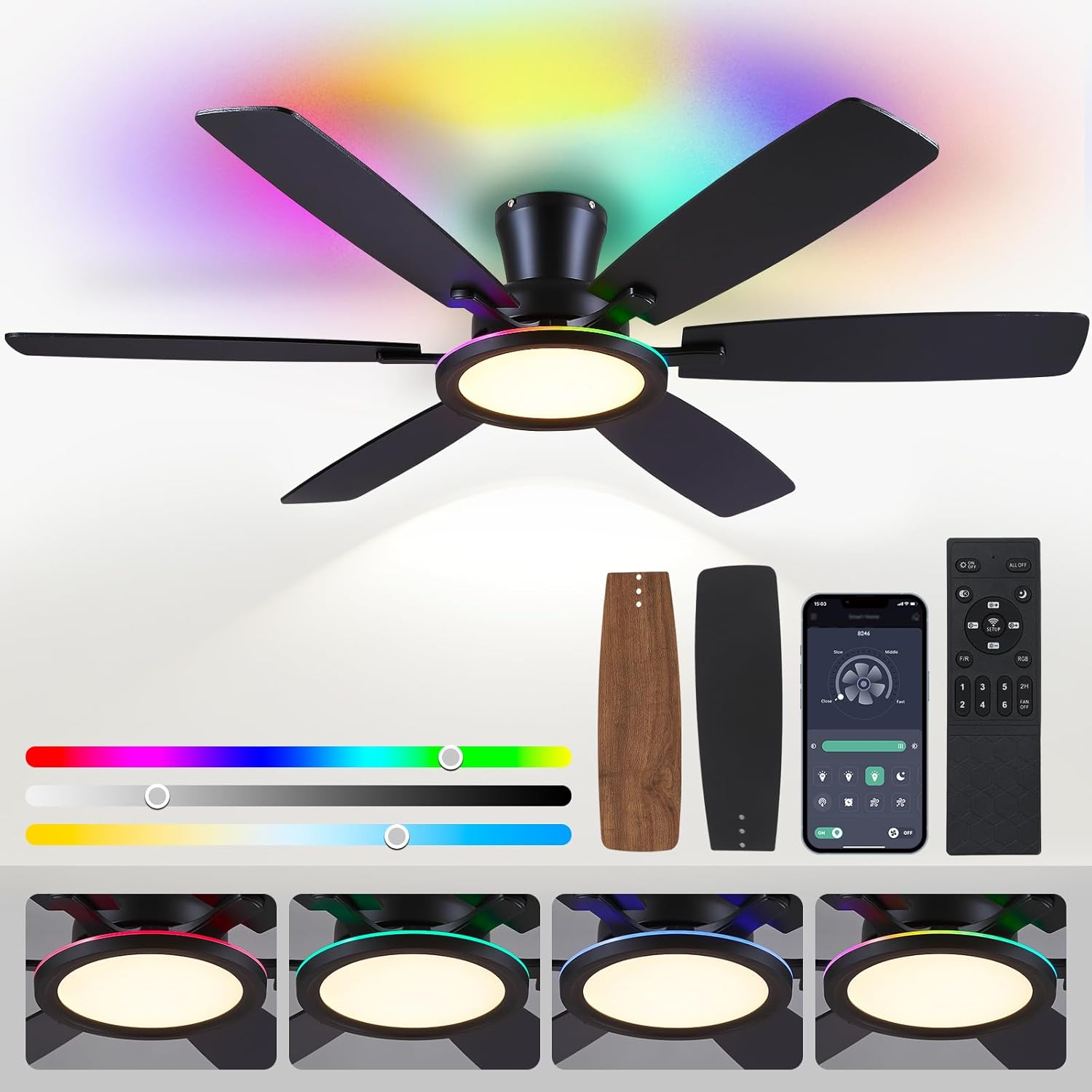 55in Black Flush Mount Ceiling Fan with RGB Light and Remote