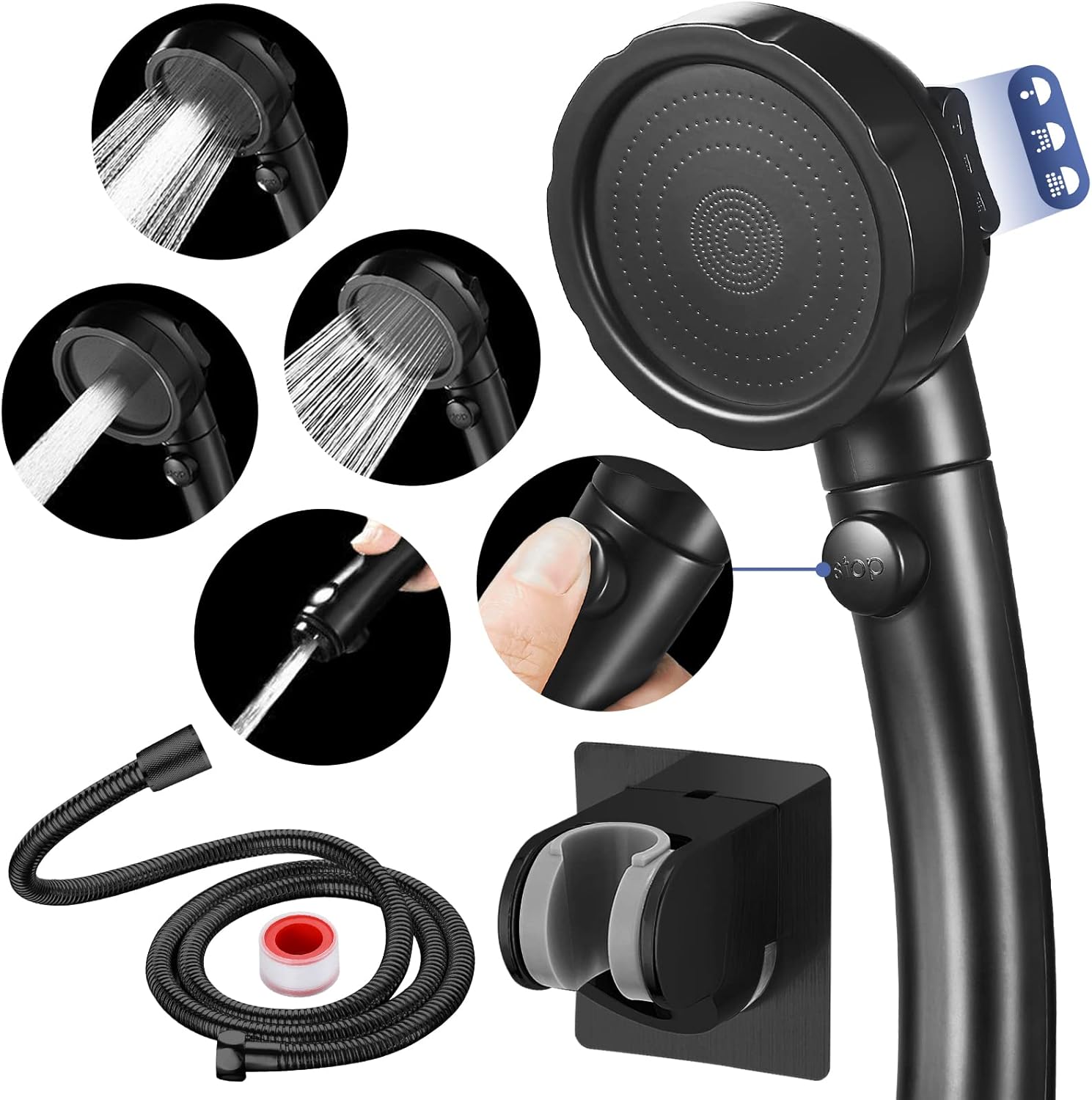 High Pressure Shower Head with Pause Button and 3 Spray Modes