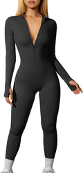 OQQ Women Yoga Jumpsuits Ribbed Long Sleeve Zip Front - Stretchy Fit