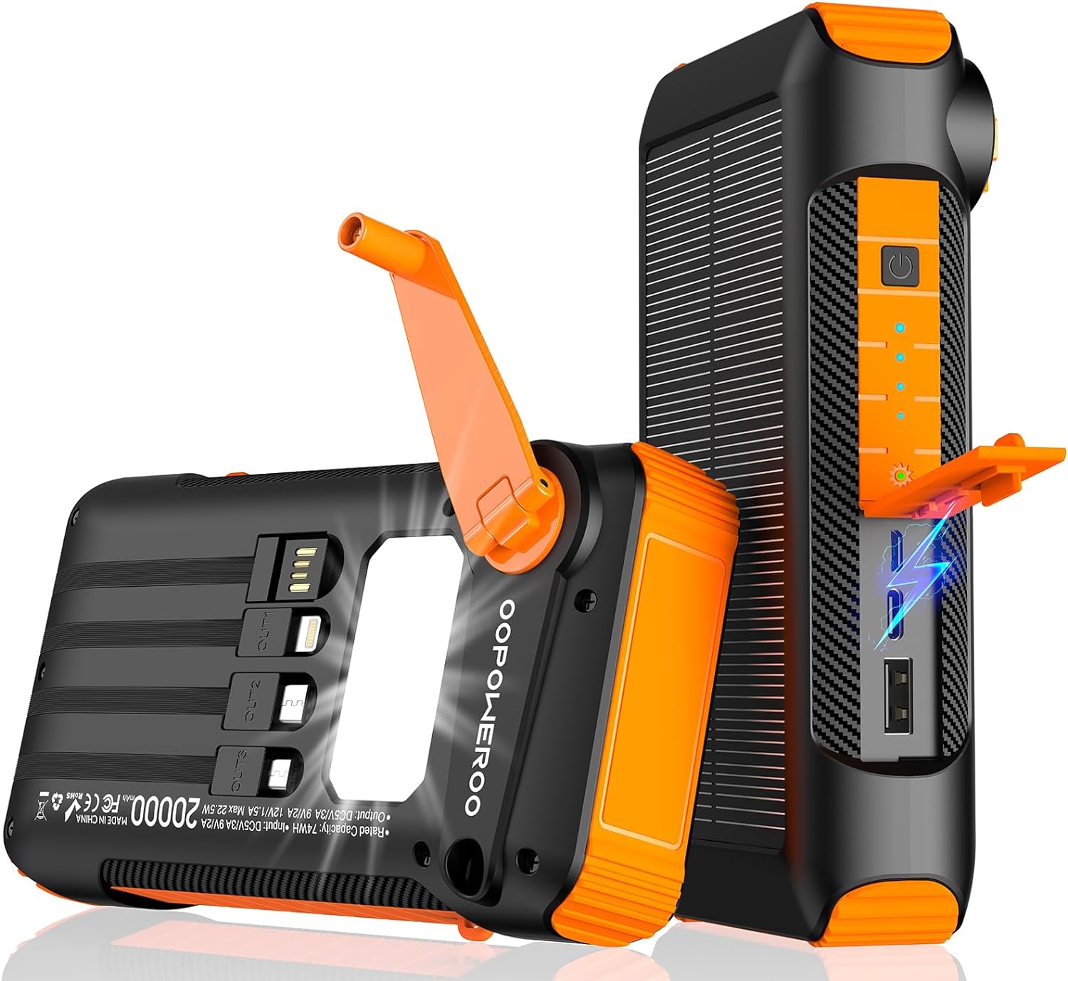 Solar Power Bank 20000mAh Fast Charge with Hand Crank & 4 Cables, Portable Charger, Flashlights (Orange)