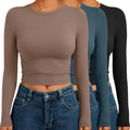 Womens 3 Pack Long Sleeve Crop Tops Y2K Slim Fitted - Soft Stretch