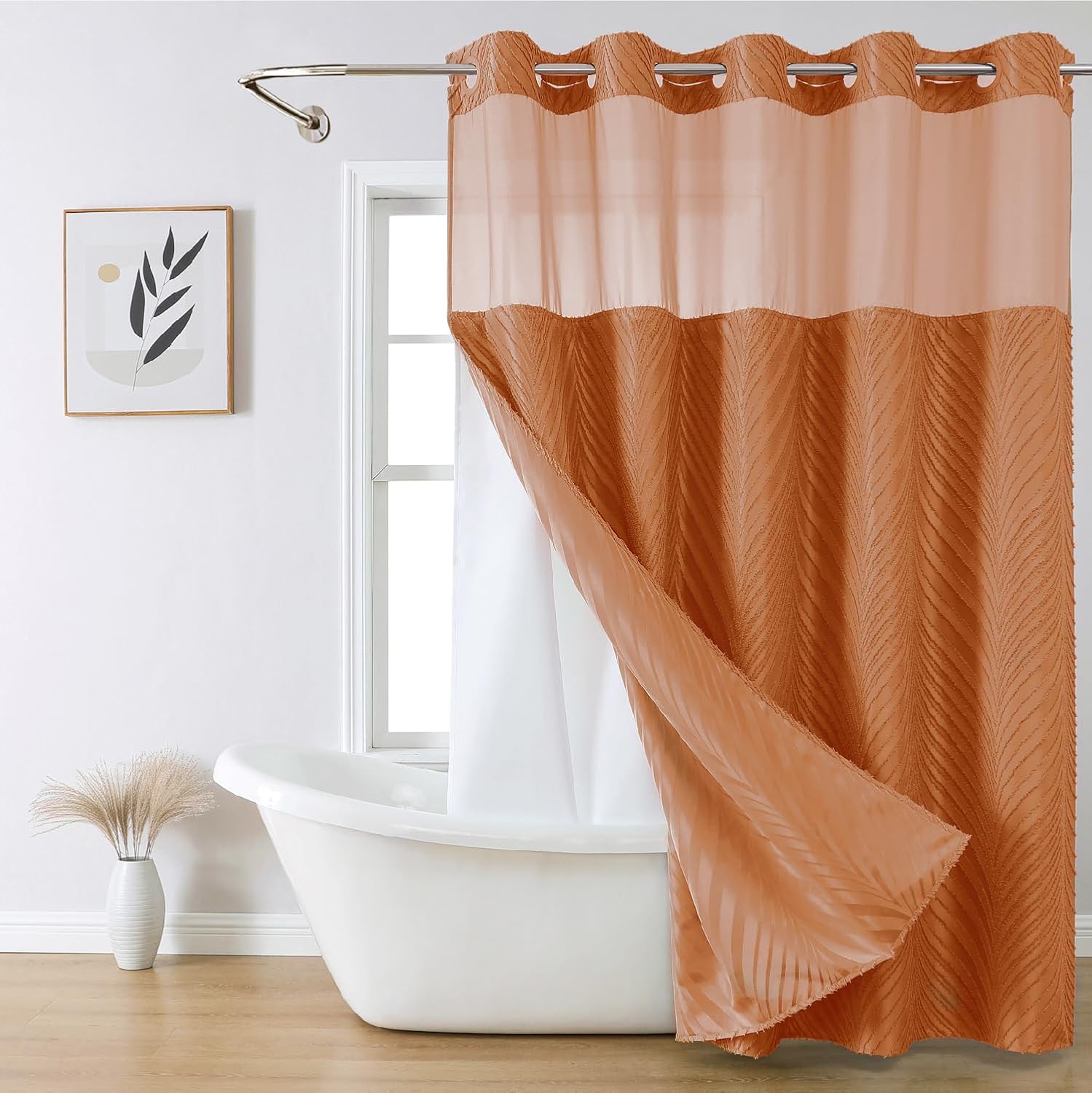 No Hook Shower Curtain Set with Boho Tufted Stripes for Autumn
