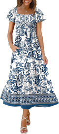 Summer Dresses for Women Square Neck Ruffle Sleeve Smocked Maxi