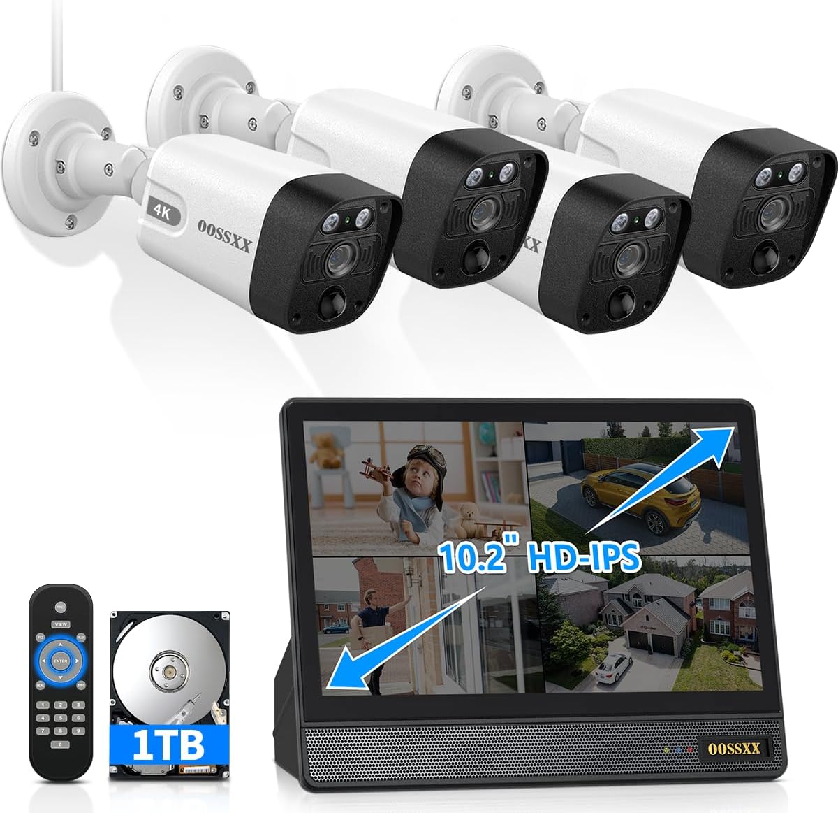 OOSSXX 10.1 IPS Monitor 2-Way Audio Outdoor Security Camera System