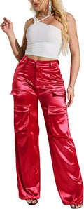 Women's High Waisted Satin Cargo Pants - Loose Wide Leg Style