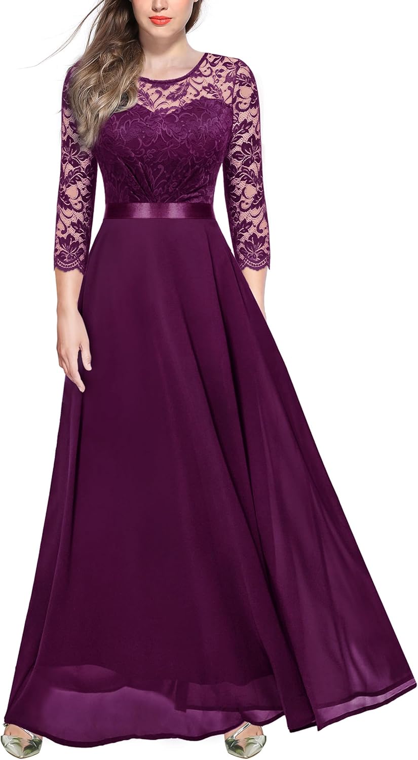 Elegant Floral Lace 3/4 Sleeve Maxi Dress for Bridesmaids